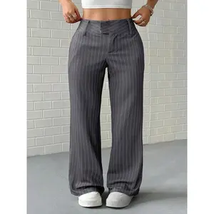 Elegant Striped Wide Leg Pants for Women, High Waist Loose Fit Straight Hem Trousers, Autumn Fashion Long Casual Bottoms