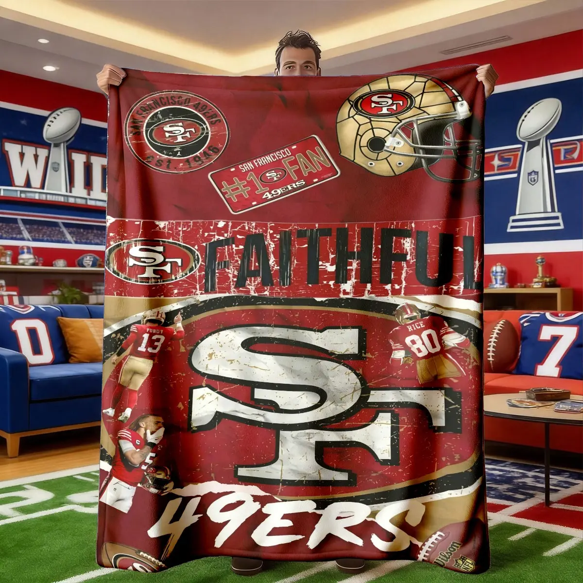 San Francisco 49ers Faithful Vintage Patchwork Flannel Blanket, Lightweight Throw Blanket, Soft Lightweight Warm, Comfy Blankets, Blankets For Bed, Bedroom Holiday Decor, All Seasons, Bed Sofa Office Camping Travel Gift, Cozy Throw Blankets
