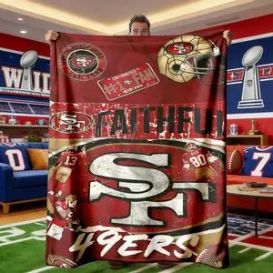 San Francisco 49ers Faithful Vintage Patchwork Flannel Blanket, Soft Lightweight Warm, Bedroom Holiday Decor, All Seasons, Bed Sofa Office Camping Travel Gift