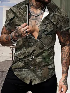 Men's Jungle Camo Camouflage Print Short Sleeve Shirt, Cuban Collar Slim Fit Casual Outdoor Vacation Top, Summer New Style Fitted Tee