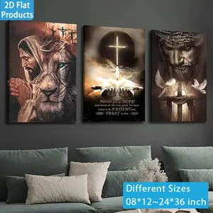 2D Flat, 3pcs Religious Canvas Art Paintings- Lion And, Jesus Christ, &- Wooden Frame Wall Decoration Suitable Home, Office or Church, Indoor/Outdoor Use, Modern, Bedroom, Living Room, Bathroom Decoration, Wall Hanging Art Religious Wall Art Detailed