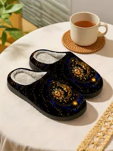 Mystical Sun & Moon Starry Plush Slippers 1 Pair, Shoe, Footwear, Retro Art Style, Fleece-Lined for Warmth + Cloud-Like Softness, A Must-Have for Mysticism Enthusiasts & Art Trendsetters for Home Styling + Street Eye-Catching in Winter!