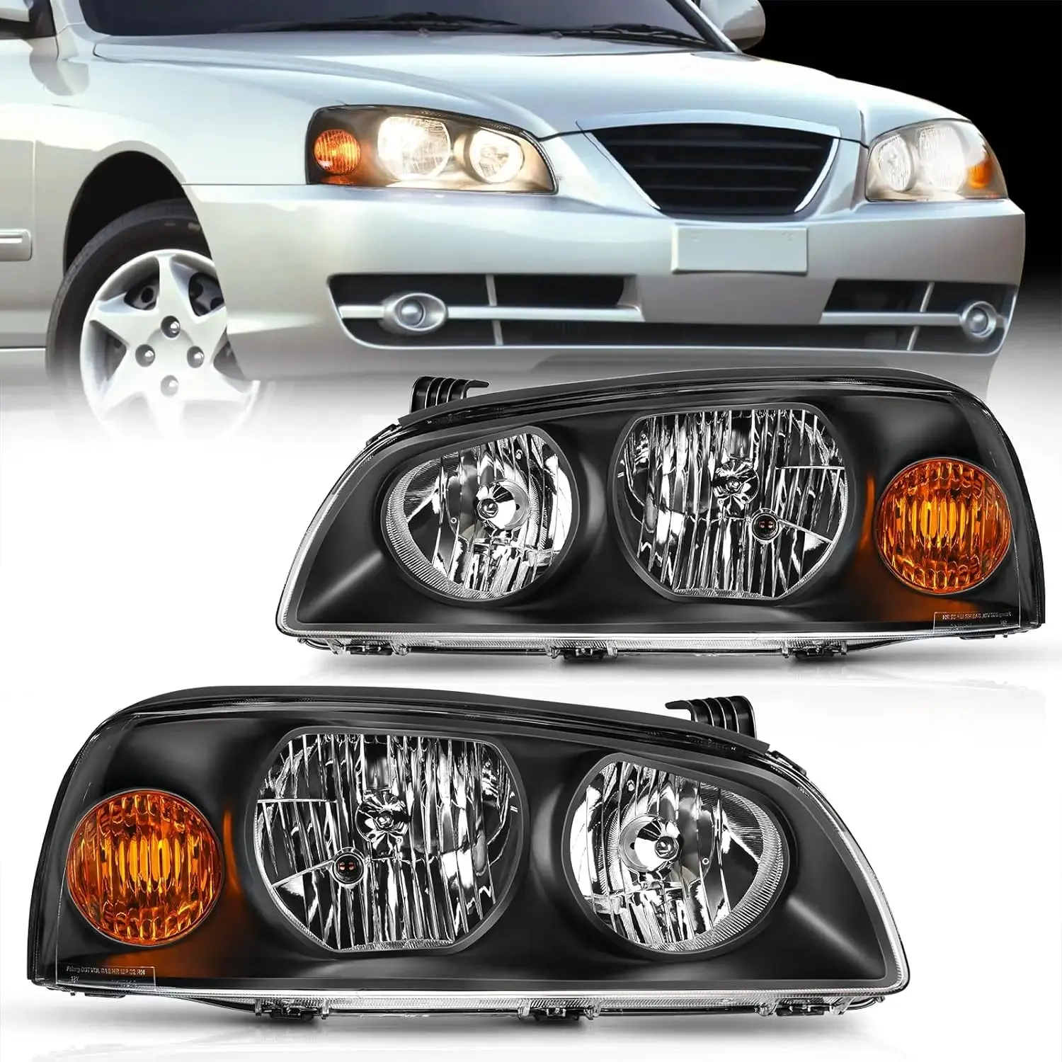 Nilight 2004 2005 2006 Hyundai Elantra Headlight Assembly Black Housing Amber Reflector, 1 Pair, Anti-Fogging, Car Headlights, Automotive Car Light, Replacement Car Lights