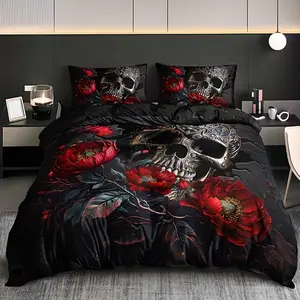 3pcs Dark Skull Rose Floral (1 Fitted Sheet + 2 Pillowcases) Decorative Bedsheet Sets, High Definition Print, Home Dormitory Use