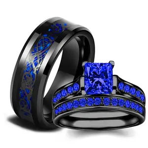 New Fashionable Couple Rings Women's Blue Rhinestone Ring Set Stainless Steel Dragon Pattern Jewelry Geometric Design Simple & Fashion Daily