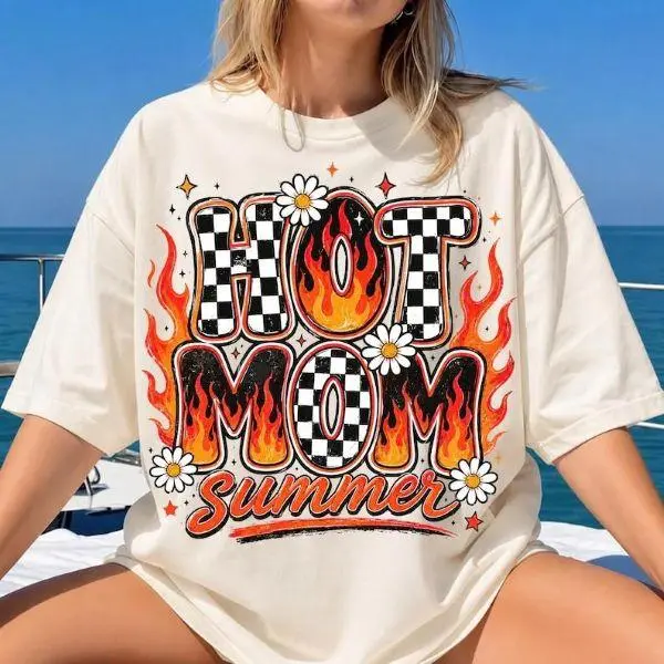 Hot Mom Summer T-Shirt — Retro Flame Checkerboard Graphic Tee