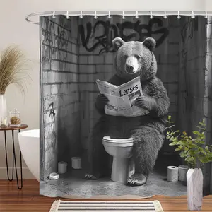 1pc Bear on Toilet Shower Curtain - Realistic Black-and-White Graffiti Design with "Lenses" Newspaper, Polyester Fabric, 70. 86x70. 86in, Includes 12 Hooks for Urban Bathroom Decor, Restroom, Home Goods, Interior