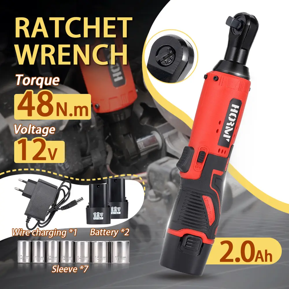 12V Cordless Electric Wrench Ratchet Wrench 65N.m Rechargeable 3/8 Right Angle Drill Screwdriver Power Tool with 2 Lithium Battery