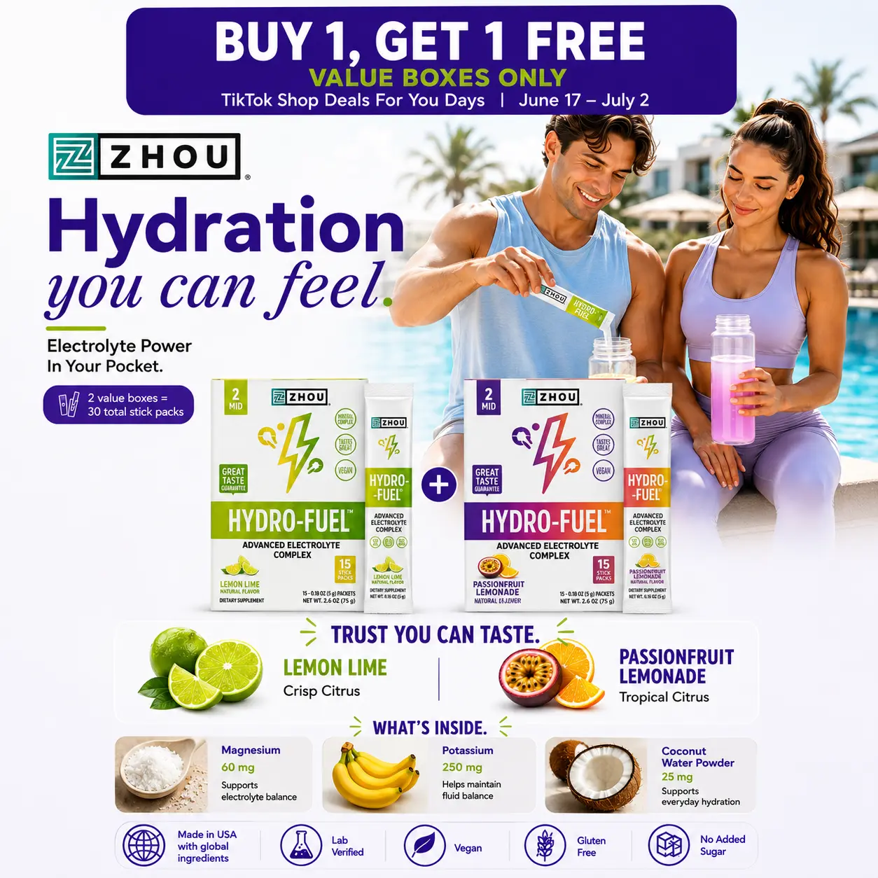 ZHOU NUTRITION Hydro-Fuel Electrolyte Drink Mix Stick Packs, Health & Wellness Dietary Supplement