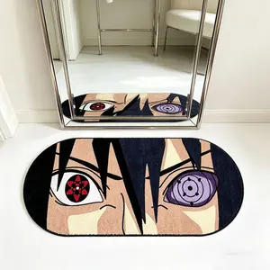 Trendy and cool anime-inspired oval short-pile rug with eye-shaped design. Unique eye-patterned color-blocking design, soft and delicate. Suitable for bedroom, bedside, entryway, bathroom, and as a non-slip mat. Anime-style room decoration mat.