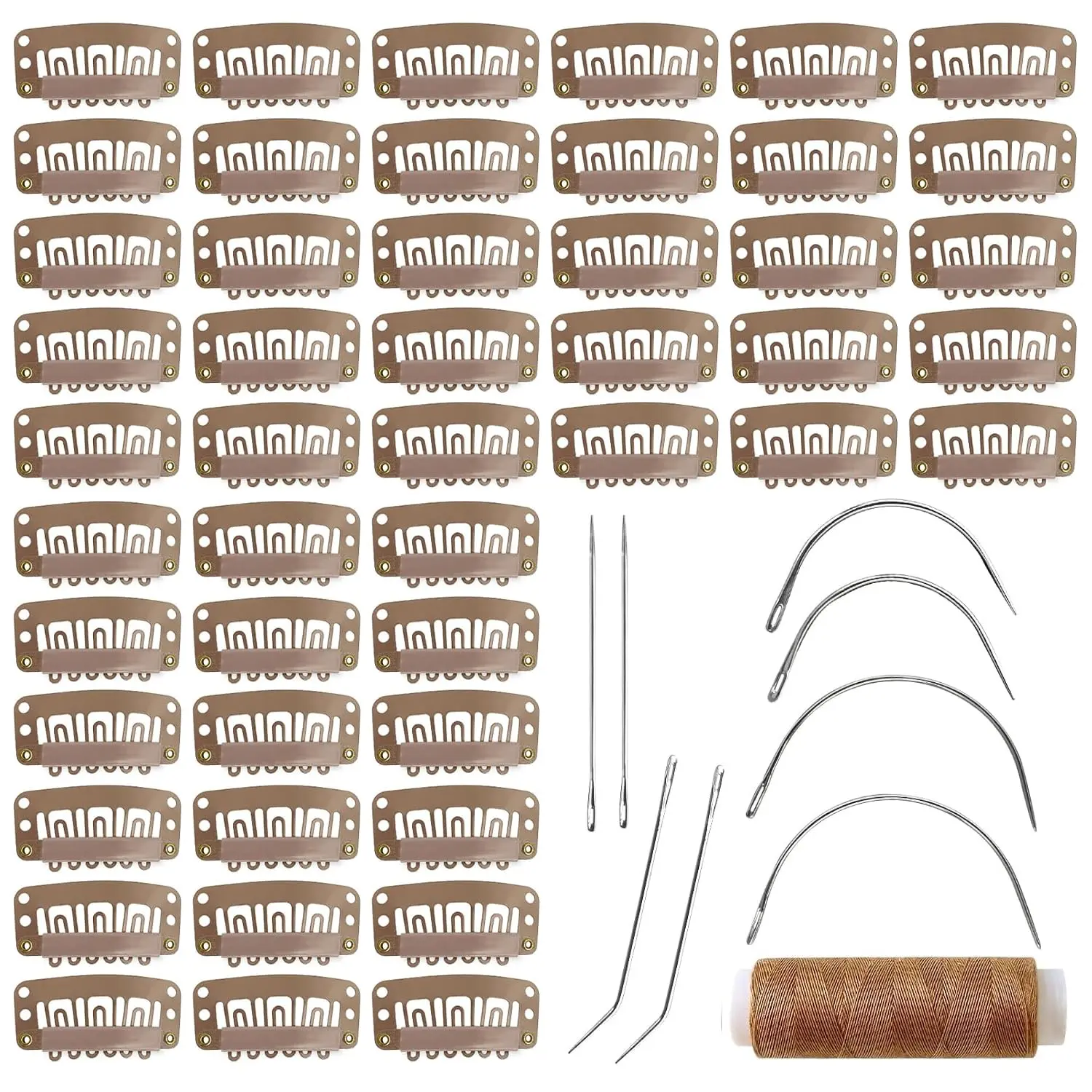 50 count 32mm Hairpieces Snap Clips U Shape Wig Clips for Hair Extensions Making Wig Accessories Set Tools (Light Brown)