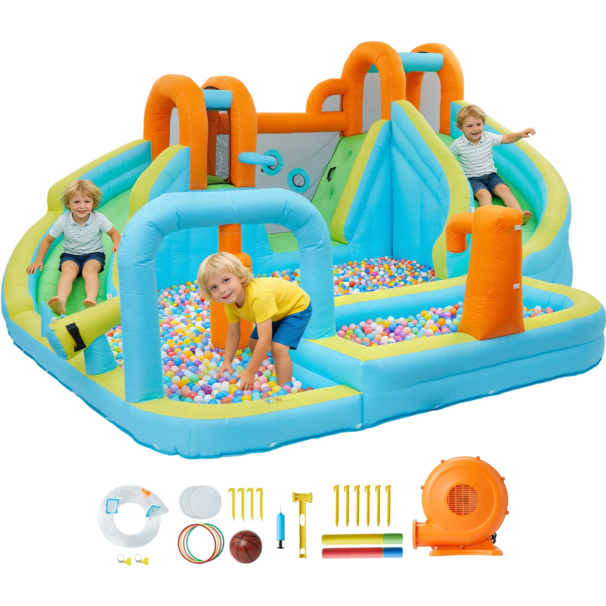 12.5ft Giant 10-in-1 Inflatable Bounce House for Kids with 350W Blower - Bouncy Castle with Water Slide, Ball Pit, Climbing Wall & Basketball Hoop - Indoor/Outdoor Backyard Fun - US Standard, Blue