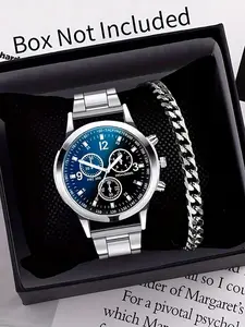 Two piece men's simple and fashionable blue light glass watch quartz watch three eye steel strip watch set