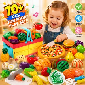 70PCS Kids Play Kitchen Cutting Food Set – Pretend Fruits, Vegetables & Pizza with Storage Basket, Knife and Cutting Board | Fun Role Play Cooking Toy Gift for Kids