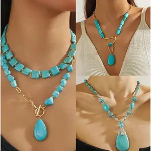 Boho Turquoise Layered Necklace for Women, Double Layer Teardrop Pendant Jewelry with Vintage Western Style, Beach Vacation Festival Necklace for Cowgirl Y2K & Everyday Outfits