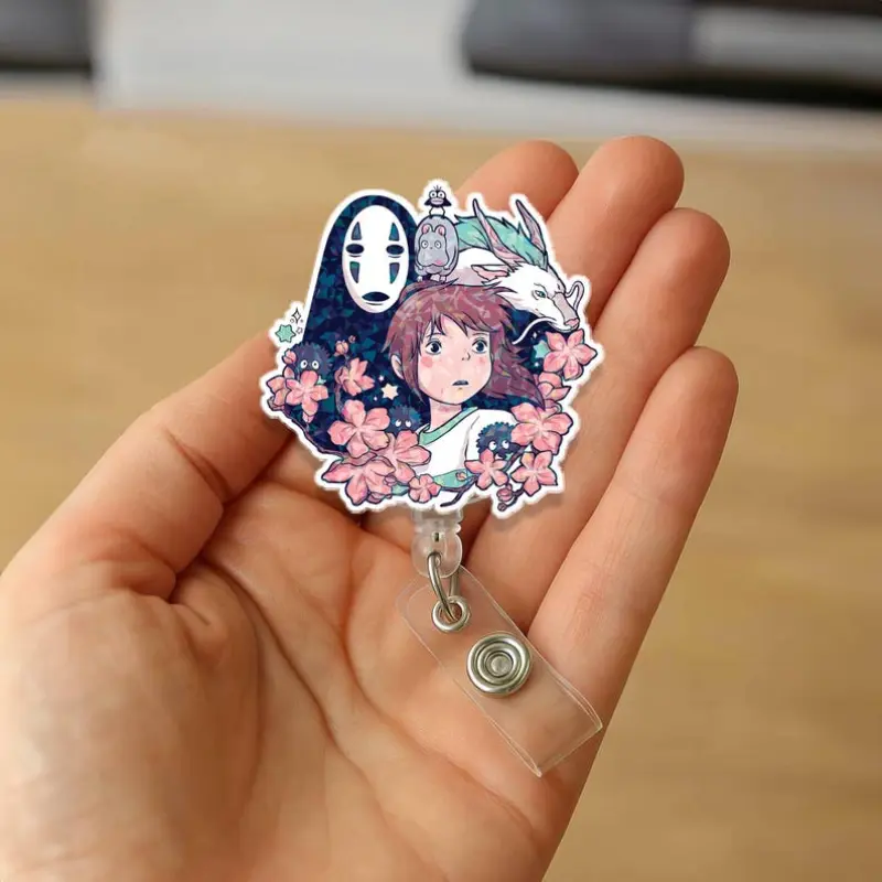 Cute Spirited Away Hologram Badge Reel – Chihiro, Haku & No-Face Floral ID Clip, Ghibli Retractable Badge Holder for Nurses, Teachers, Fans