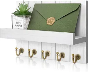 Wall-Mounted Key Holder - Stylish Mail Organizer with 5 Hooks for Modern Farmhouse Apartment Essentials, Living Room Home Decor (Rustic White) Shelves Boho