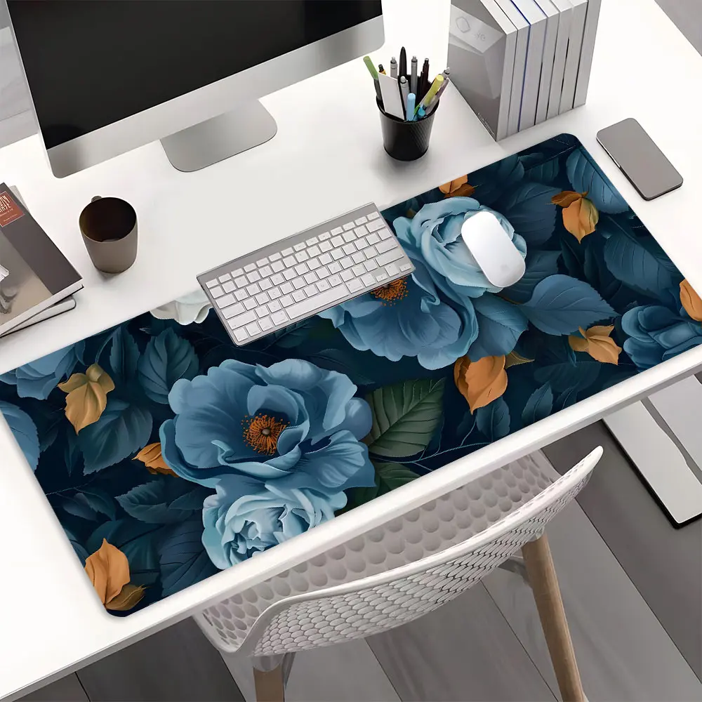 Deep Blue Vintage Floral Design Extra Large Gaming Mouse Pad, Aesthetic Desktop Decoration Protection Pad, Rubber Pad Non-slip Lock Edge Work Pad, Desktop Accessories, Multi-size Mousepad Suitable For Laptop, Desktop Computer Games, Gift For Boys, Girls