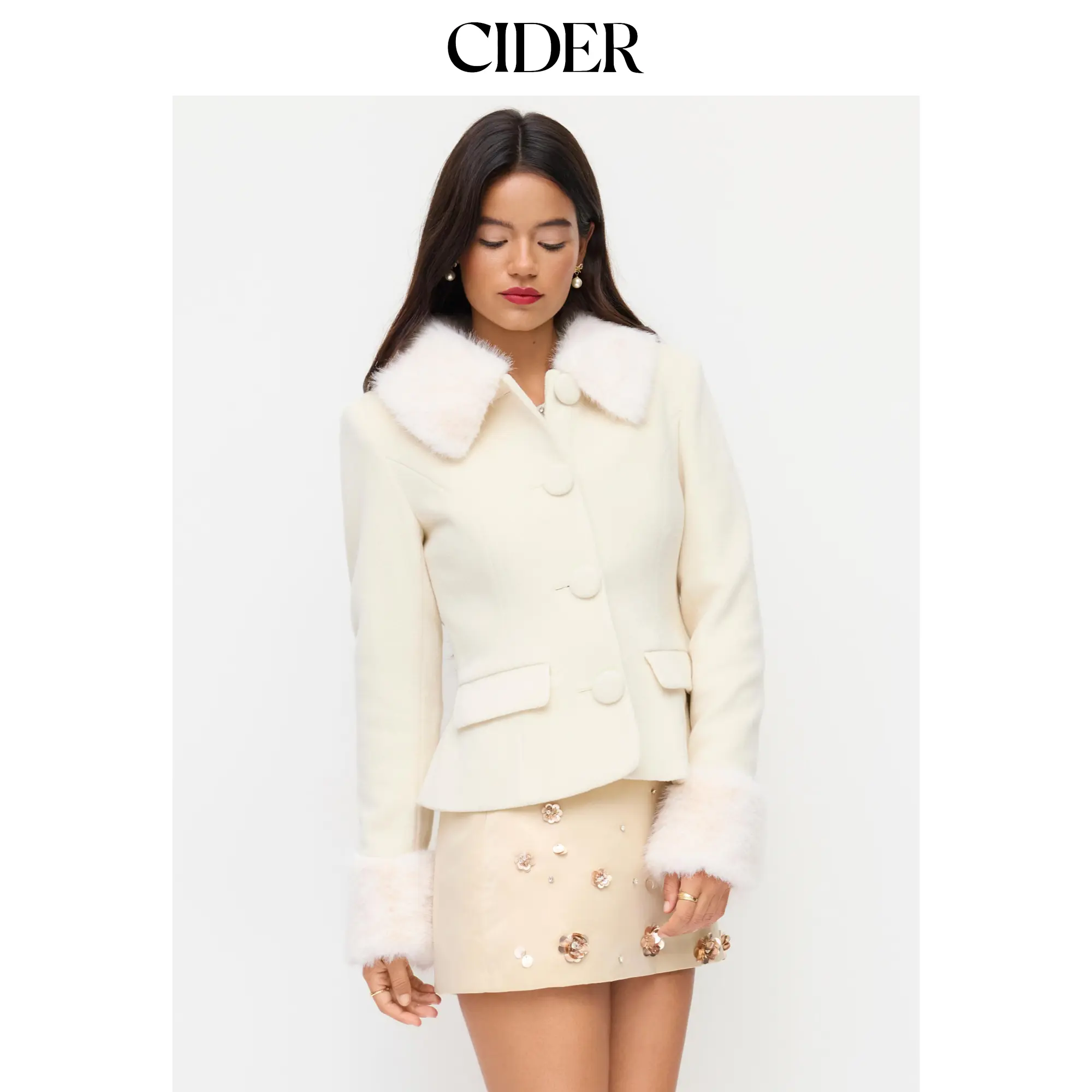 Cider Wool-look Collar Faux Fur Trim Long Sleeve Button Jacket