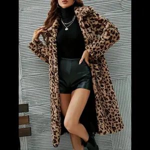 Women's Leopard Print Pocket Faux Fur Coat, Casual Long Sleeve Collared Fuzzy Outerwear for Fall & Winter, Women's Clothing for Daily Wear