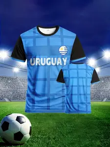Men's Uruguay Football Jersey, Comfortable Breathable Polyester Sport T-Shirt, Round Neck Geometric Pattern, Outdoor Activities, Blue