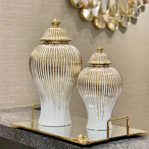 New 1pc Luxurious Ceramic Round Vase - Electroplated Striped European-Style Flower Insert Vase Craft - Soft Packing Decoration Storage Jar for Entrance Living Room and Office Ornaments Tin