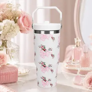 30oz Cute Floral Bow Insulated Tumbler with Handle, Stainless Steel Travel Cup for Women, Car Cup Holder Friendly Water Bottle