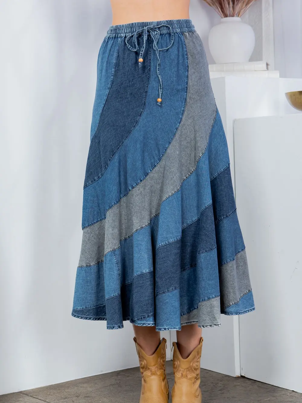 Patchwork Denim Bias Skirt