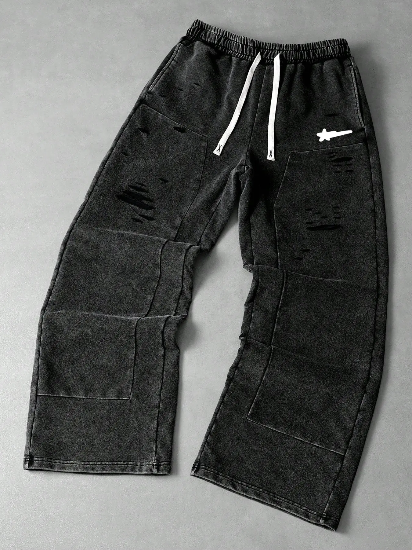Men's Washed Distressed Cotton Sweatpants, Drawstring Waist Street Style Long Pants, Millennium Vintage Skateboard Casual Wear Geometric, Casual Comfy Trouser