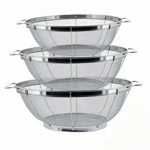3-Piece Stainless Steel Colander Strainer Set 3 4 5 Quart Kitchen Mesh Sieve with Handles Resting Base for Draining