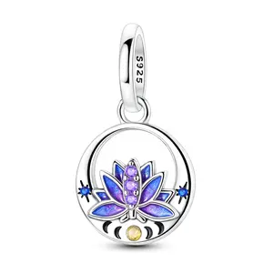 MULA Sterling Silver Mystic Moon Lotus Dangle Charm with Zirconia & Enamel | Spiritual Starry Sky Jewelry Bead for Pandora Bracelets & Necklaces | Gift for Women Girls