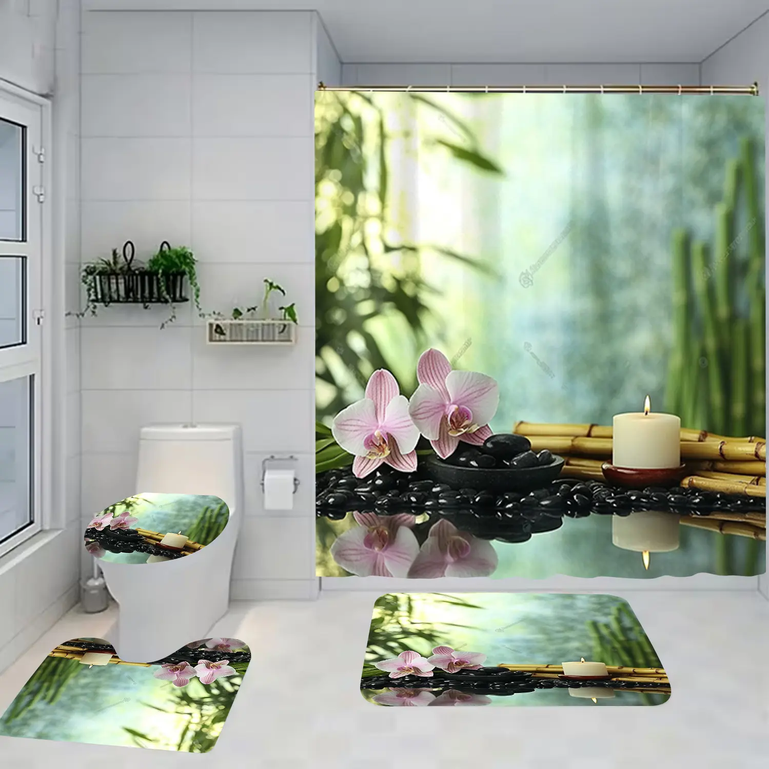 1/4 piece water mirror design bathroom set, including soft floor mat, toilet seat cushion, shower curtain, creating elegant decoration, home decoration. The floor mat has good rebound, water absorption, anti slip, and is the first choice for gift giving