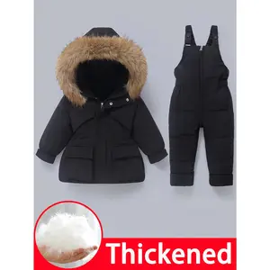 Infant And Toddler Clothing, Warm Down Jacket, Ski Suit, Hooded Jacket + Apron Trousers, Winter Children's Outdoor Snow Jacket, Thickened, Overcoming Boys And Girls' Windproof Snow Pants, Suitable for 1-6 Years Old Halloween Costumes Kids Clothes, Toddler