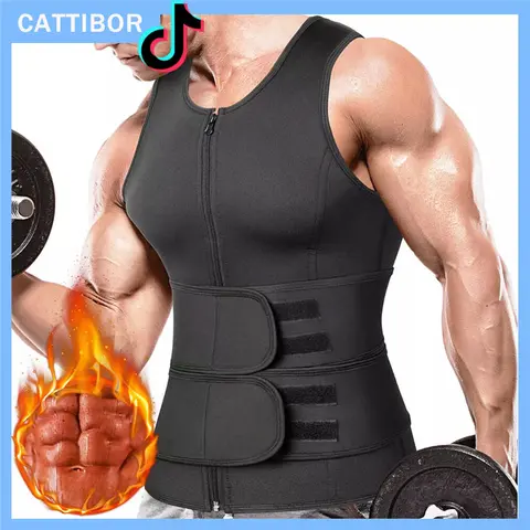 CATTIBOR Men's Zipper Waist Training Vest - Thermal Sauna, Tight Sport Sleeveless Activewear, Workout Shapewear Undershirt for Gym, Running, Activewear Sleeveless