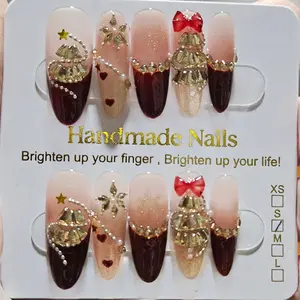 Handmade Nails - Elegant Press-On Set with Burgundy & Nude Pink Colors Gold Rhinestones Pearls & Red Bows for Special Occasions