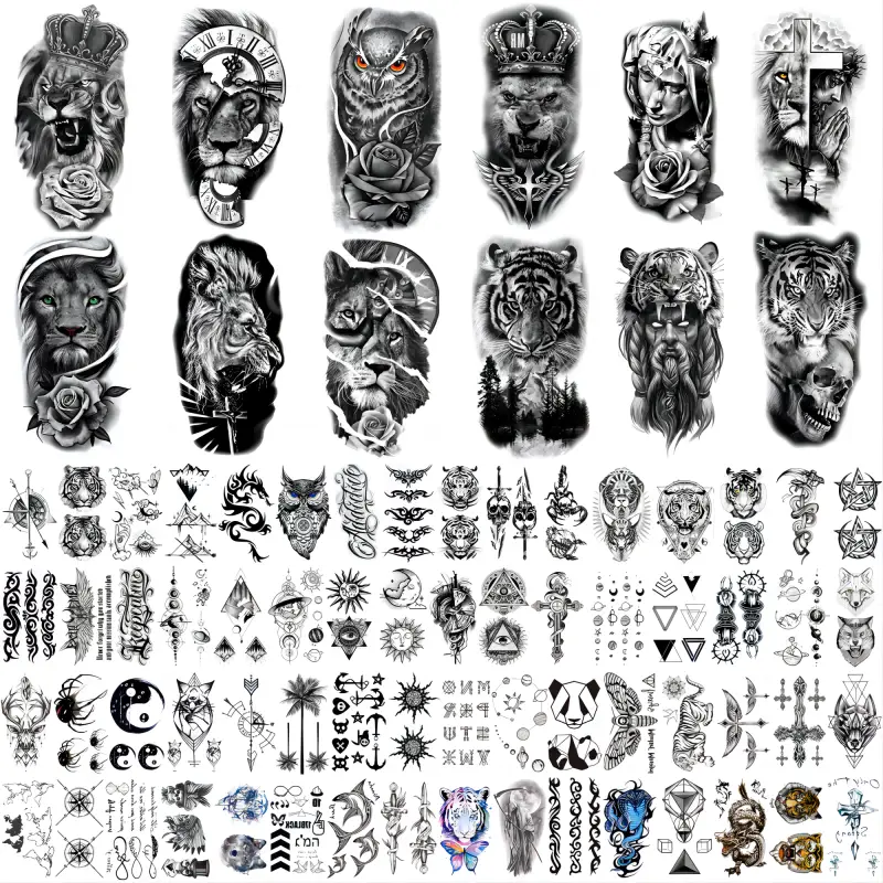 76 Sheets Large-Size Black Temporary Tattoo Stickers Featuring Tribal Wolf, Tiger, Lion, Owl, Skeleton Skull, Rose & Animals Sensitive Designs