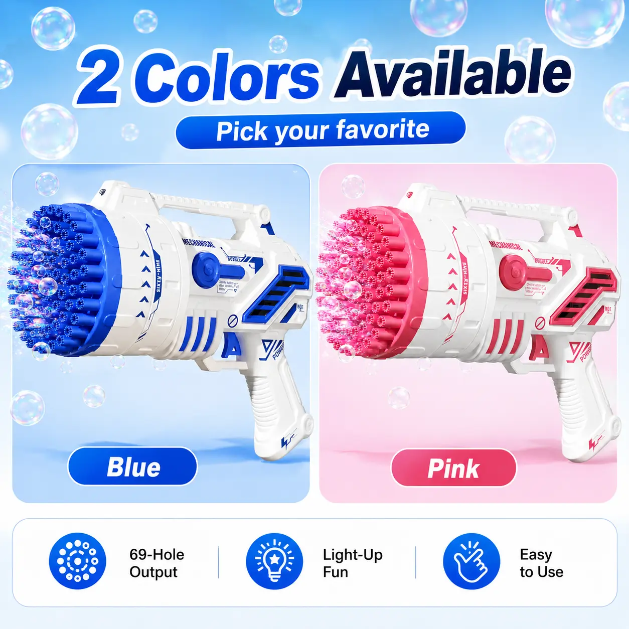 Pink 69-Hole Bubble Machine with LED Lights, High-Output Automatic Bubble Gun for Kids, Easy-Grip Outdoor Summer Toy for Backyard, Birthday Parties, Park, Beach and Family Play,#Summer Finds