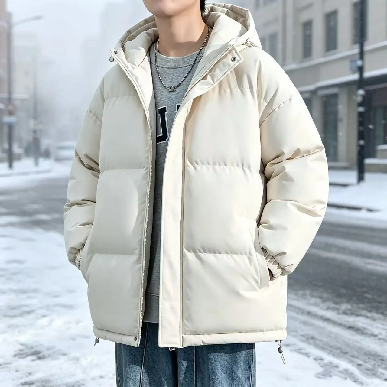Puffer coat，down jacket,Men's Fleece Jacket - Long Sleeve Top, Warm Winter Coat, Windproof Cold Weather Outerwear with Patterned Cuffs & Hood Trim for Casual Daily Wear (Adult Fit), Coats, Tops Monochrome men's down jackets menswear top