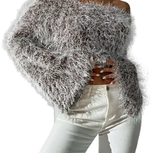 Off Shoulder Trumpet Sleeve Fluffy Knit Sweater Cotton Cotton