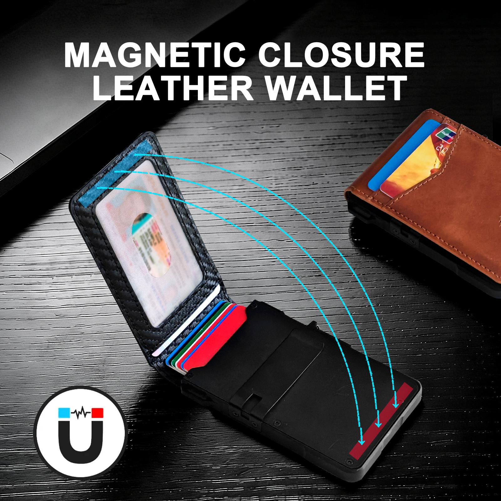 Premium Full-Grain Leather Men's Slim Wallet: 9 - 13 Cards, Money Clip, ID Window. RFID - Blocking, Aluminum Bifold Pop - Up SpringStatements Organiser Organiser