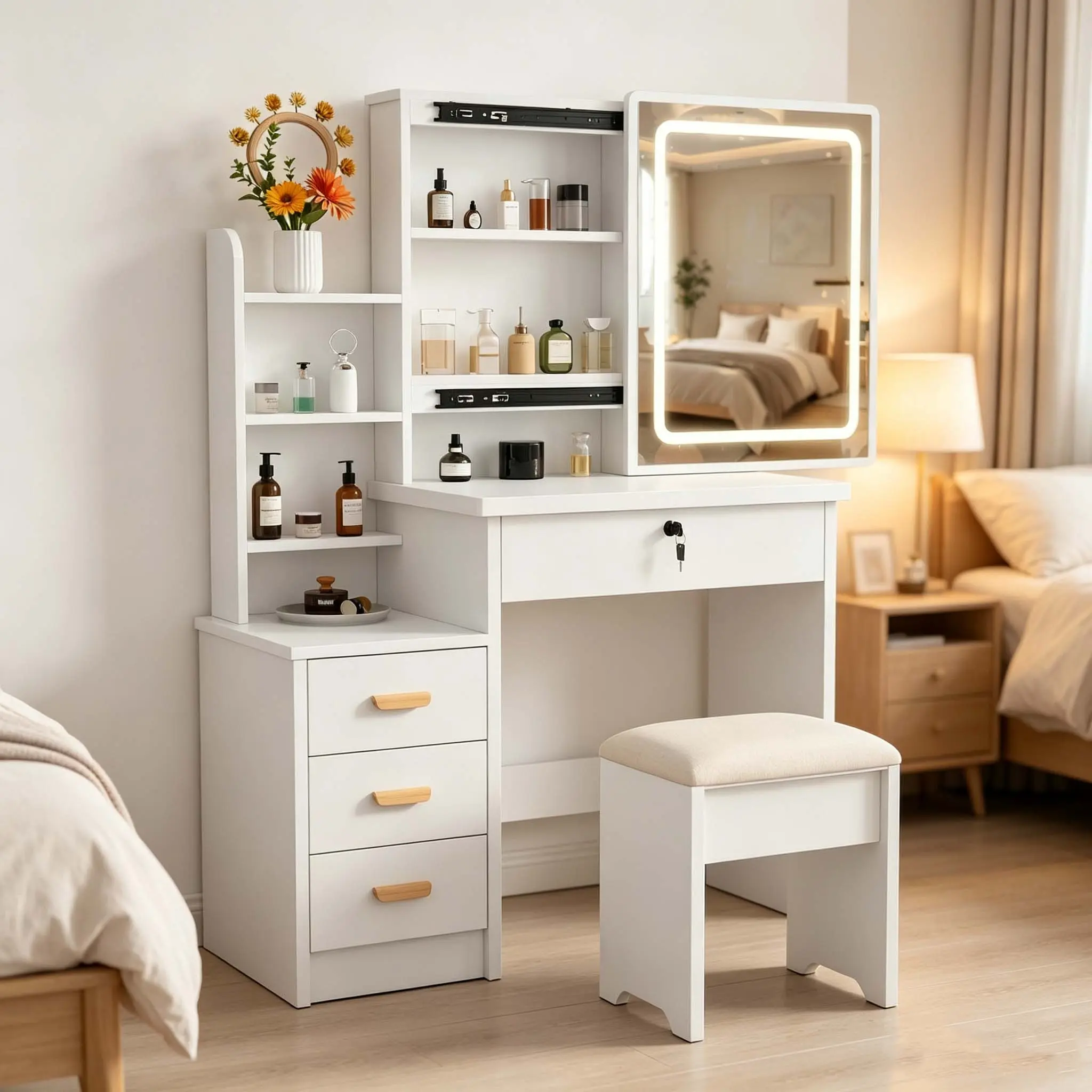 Modern LED Makeup Vanity Table with Adjustable Light, Multi-Layer Storage Dresser Table with 4 Drawers, 4 Open Shelves, Hidden Mirror Shelf & Padded PU Leather Stool for Bedroom Beauty Skincare