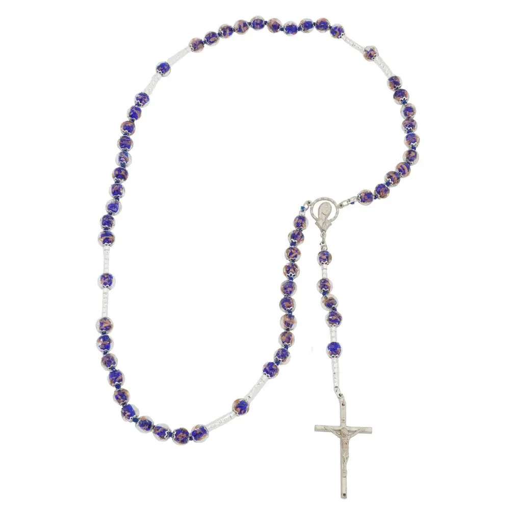 Handmade Glass Of Venice Murano Glass Sommerso Italian Rosary - Blue, Crucifix, Sparkle, About 27", Ideal for Special Occasions