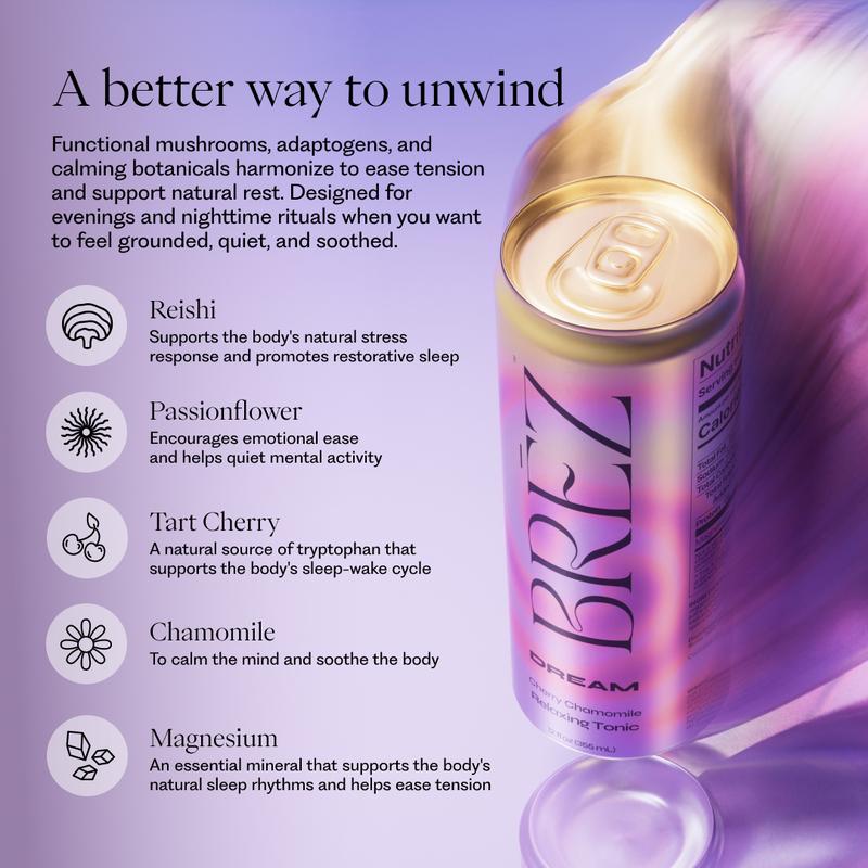 BREZ Social Tonic Variety Pack - Functional Beverages with Mushrooms Adaptogens & Nootropics - Vegan Non-GMO Gluten-Free - 12oz - Lemon Elderflower, Strawberry Mango, Cherry Chamomile Flavors