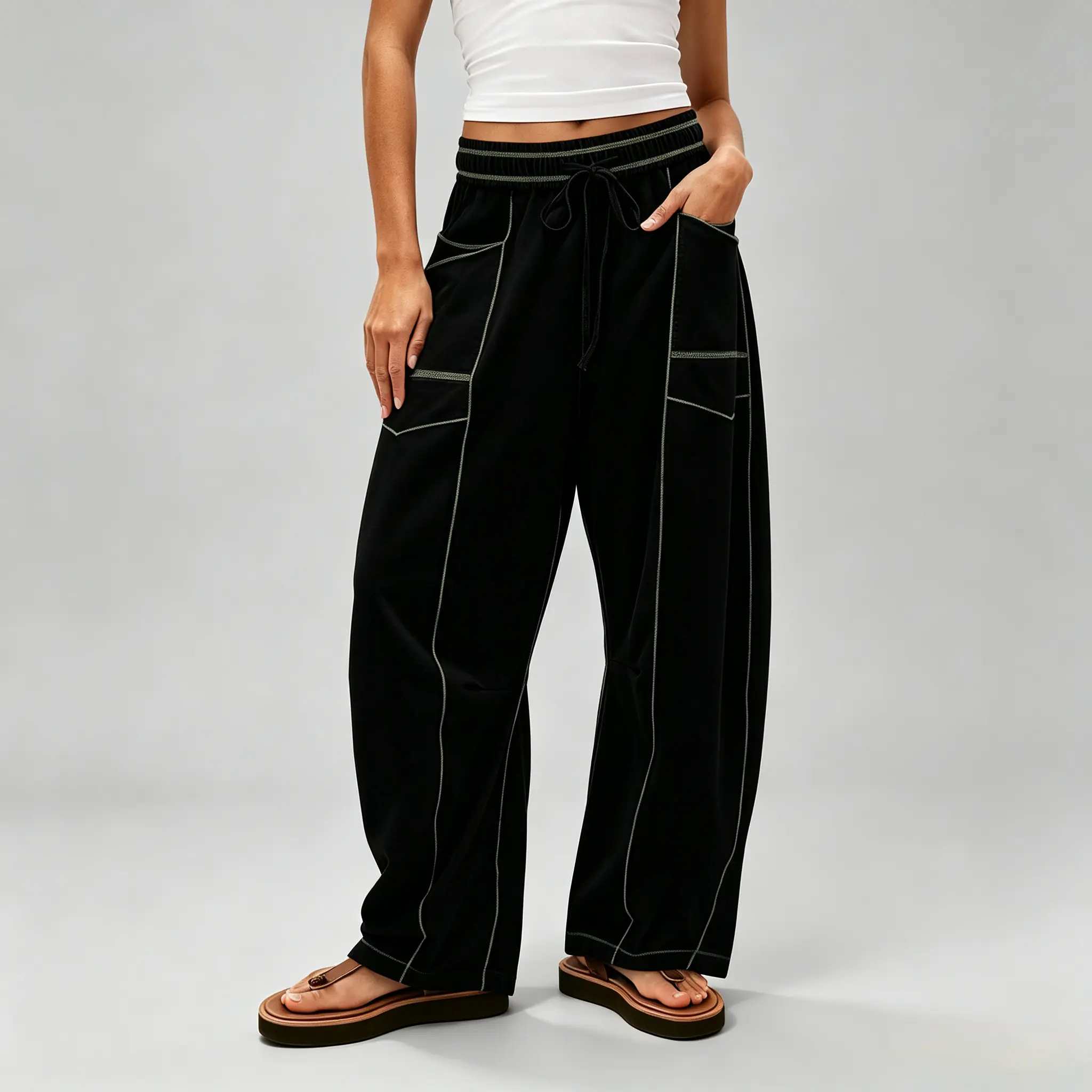 Women's Retro Cargo Bottoms - Vintage Washed Basic Fabric Streetwear, High-Waist Wide-Leg Crop Fit, Contrast Stitching, Elastic, Breathable, Casual, Comfy, Adjustable, Matching, Soft