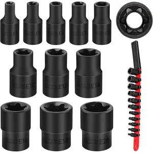 11-Piece E-Torx Socket Set - Star Socket Set with Socket Rail, External Torx Socket with Socket Organizer, External Socket Set, E4 E5 E6 E7 E8 E10 E12 E14 E16 E18 E20 Reverse Sockets SetQuesear