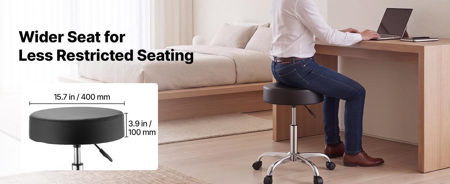 VEVOR Durable Rolling Stool with Wheels, 500 lbs Capacity, Height-Adjustable via Reinforced Gas Lift Cylinder, Thick Cushion Ergonomic PU Leather Seat, 360° Swivel Round Chair for Salon, Clinic, Black#BackToSchool