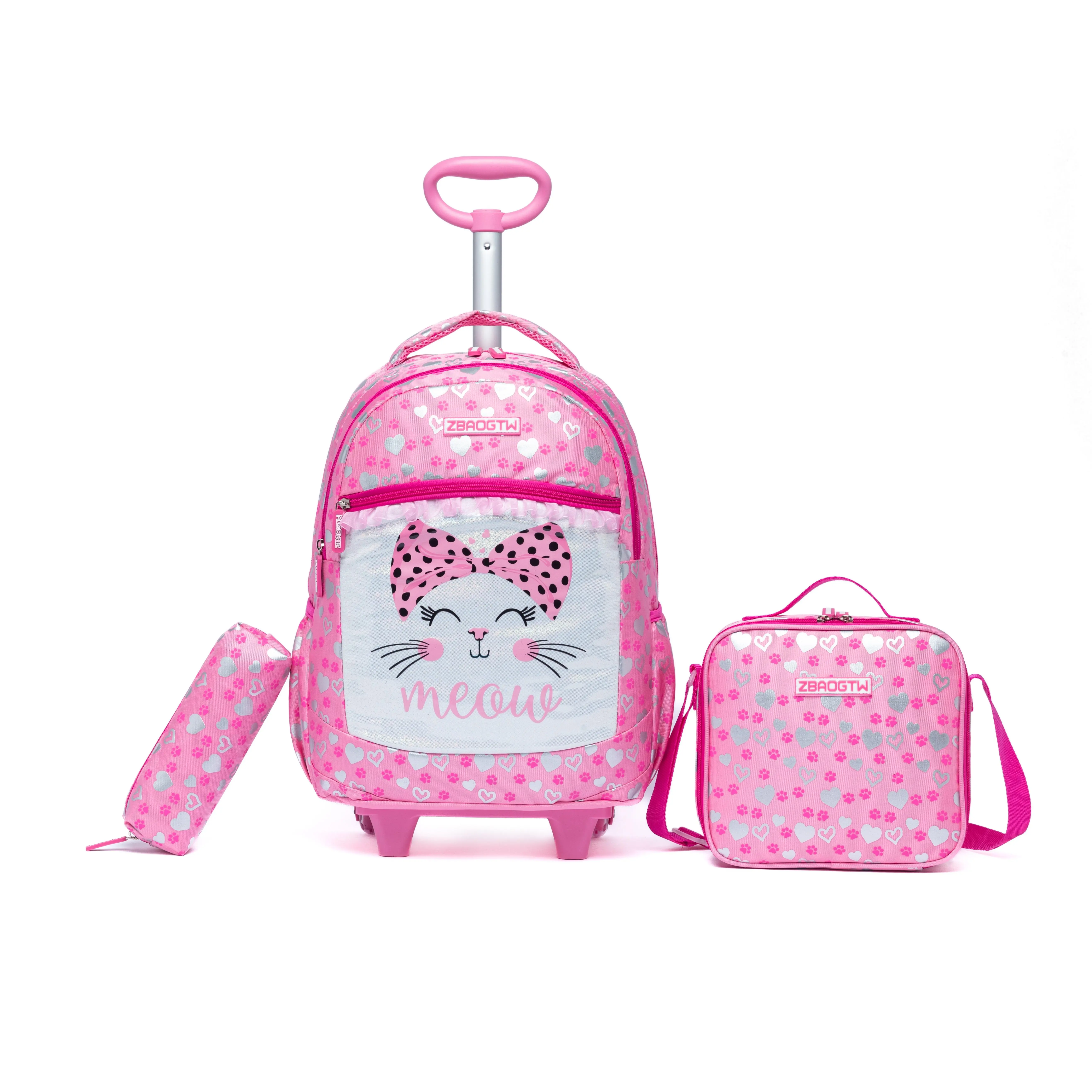 Kawaii Pink Kitten Kids Luggage School Bag | 3-in-1 Wheeled Backpack Set | Durable & Spacious Bookbag for Elementary Girls student