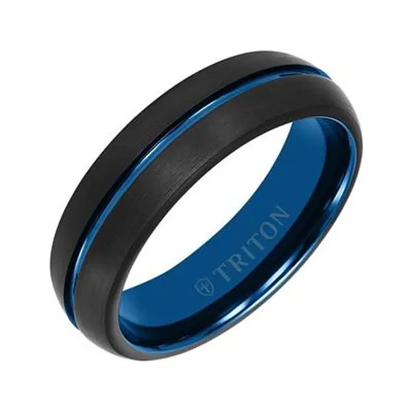 Triton Black Tungsten Carbide Blue Inlay 6.5mm Wedding Band, Size 10