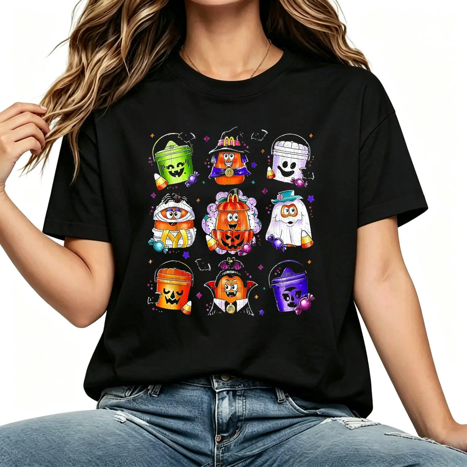 Halloween Chicken Nuggets Pumpkin Graphic Tee 90s Vintage Retro Casual Unisex Adult Cotton Short Sleeve Soft Comfortable Summer T Shirt
