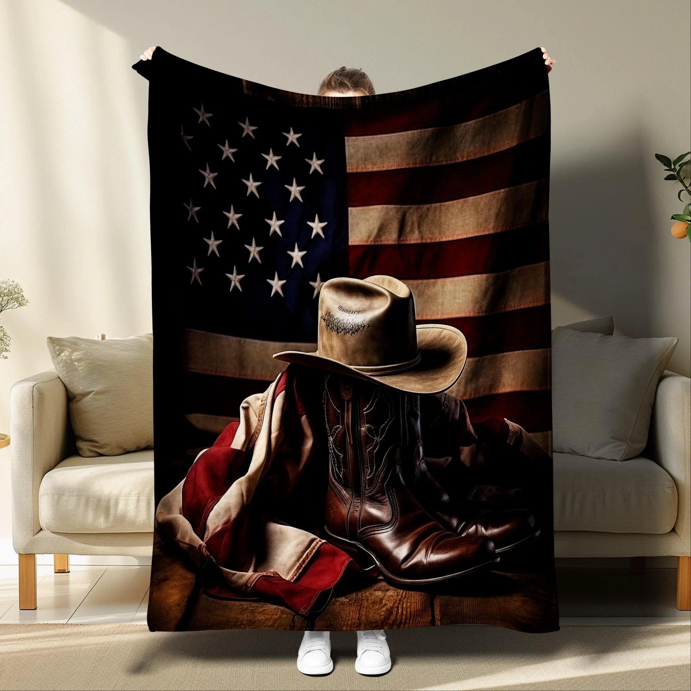 American Flag & Cowboy Hat Pattern Blanket, Western Blanket, Printed Blankets, Graphic Throw Blanket, 1 Count Soft Throw Blanket, Air-conditioned Room Blanket for Home Office Travel Camping
